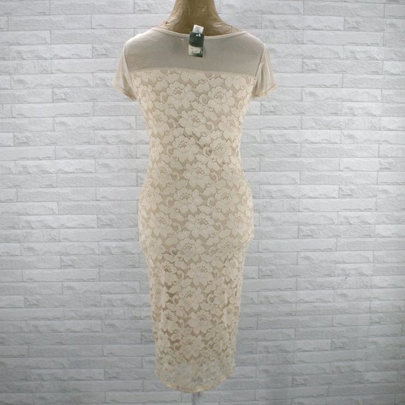 LOVE CHELSEY Dress Lace Bodycon Floral Summer Stretch Midi Neutral Tan Medium - Picture 5 of 14